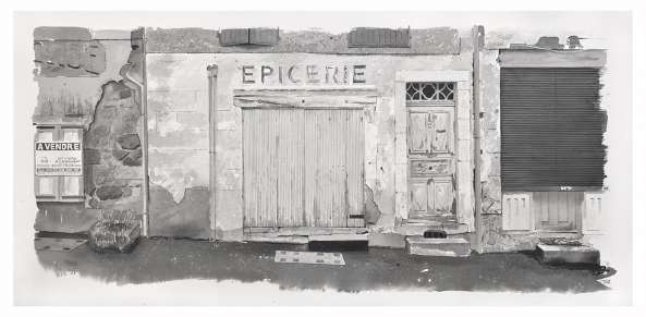 Painting of closed grocery store on Avenue du Puy Pradelles - A vendre
