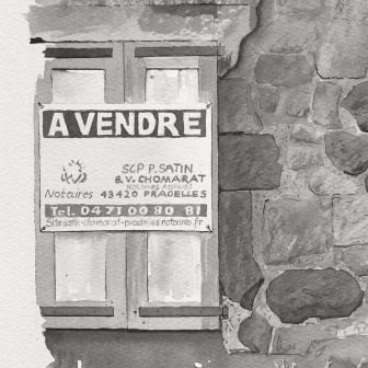 Bildausschnitt: Zu Verkaufen. Vielleicht stimmt die Nummer noch. aus dem Bild Die geschlossene Épicerie in der Avenue du Puy in Pradelles
