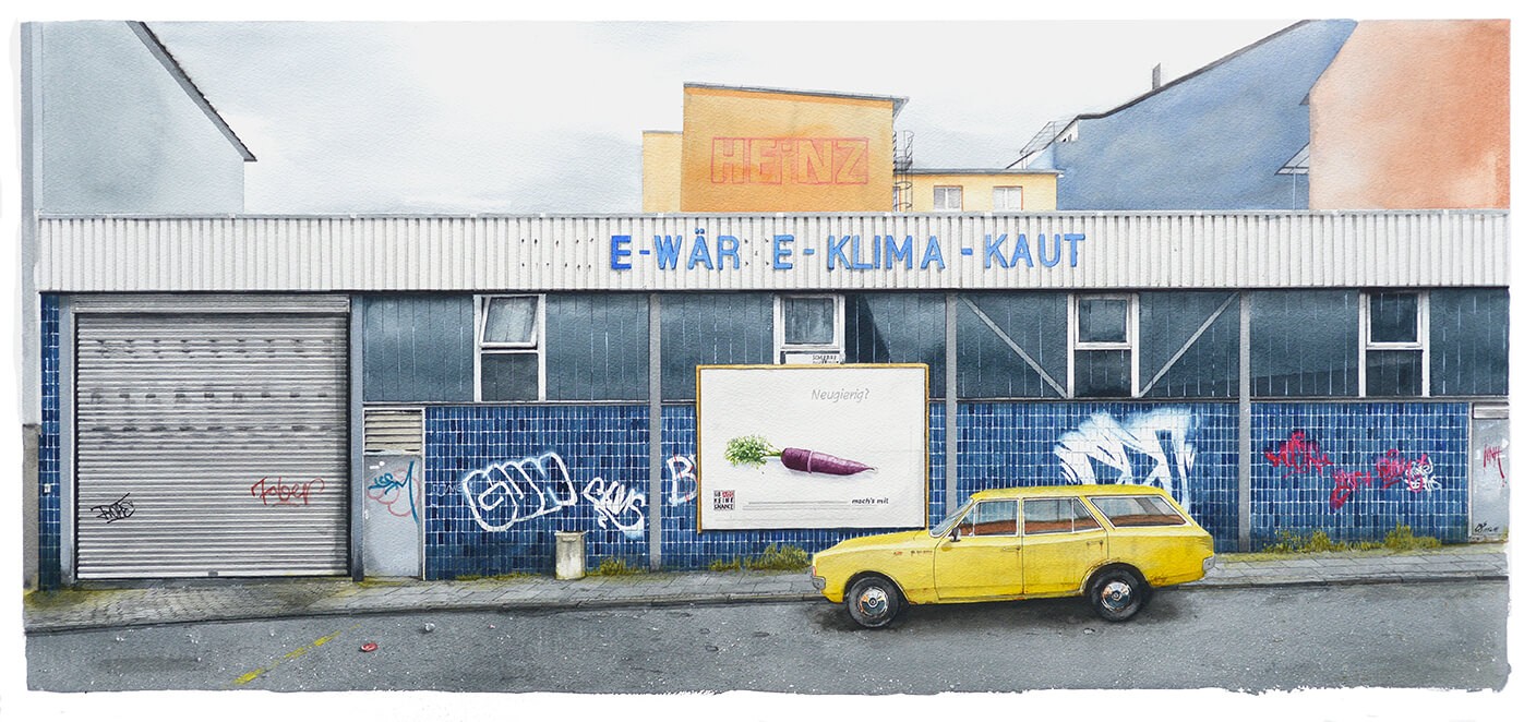Large-format watercolor painting of the former factory building of the Wuppertal-based company Alfred Kaut GmbH + Co. in the Wuppertal Health Street - Gesundheitsstraße.