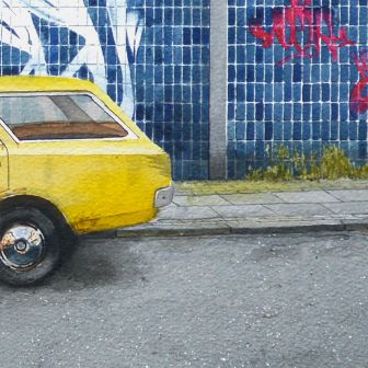 Détail : L'arrière d'une Opel Rekord de la peinture Aquarelle grande de l'ancien bâtiment à Wuppertal